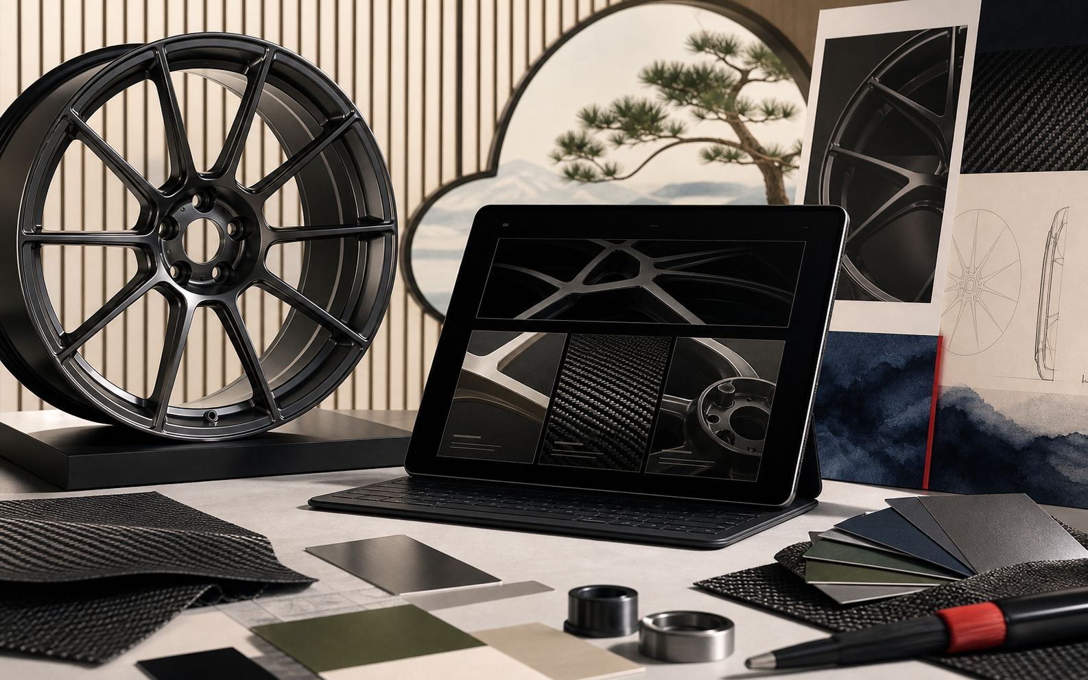 Forged wheel and carbon fiber brand mockup for 6061F