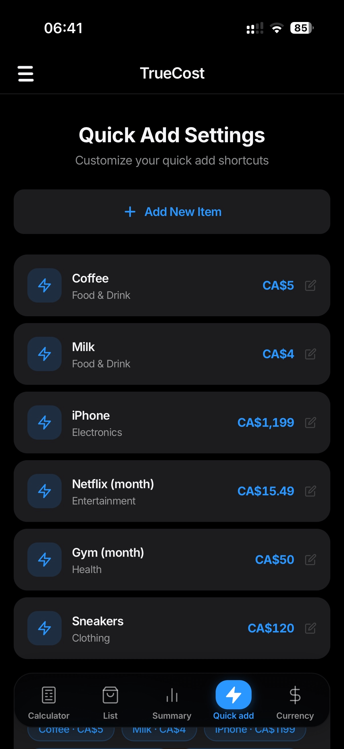 TrueCost quick add settings prototype screen