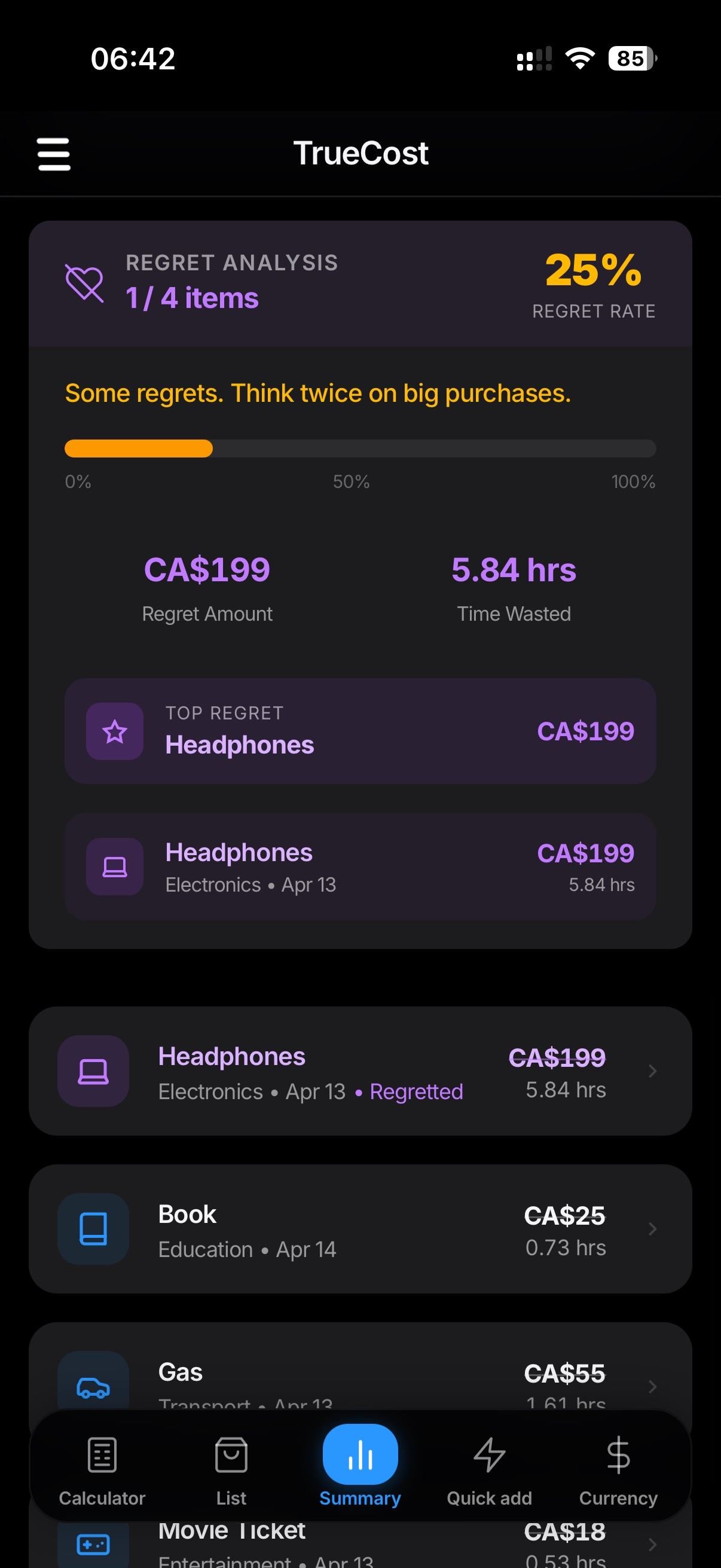 TrueCost regret analysis screen